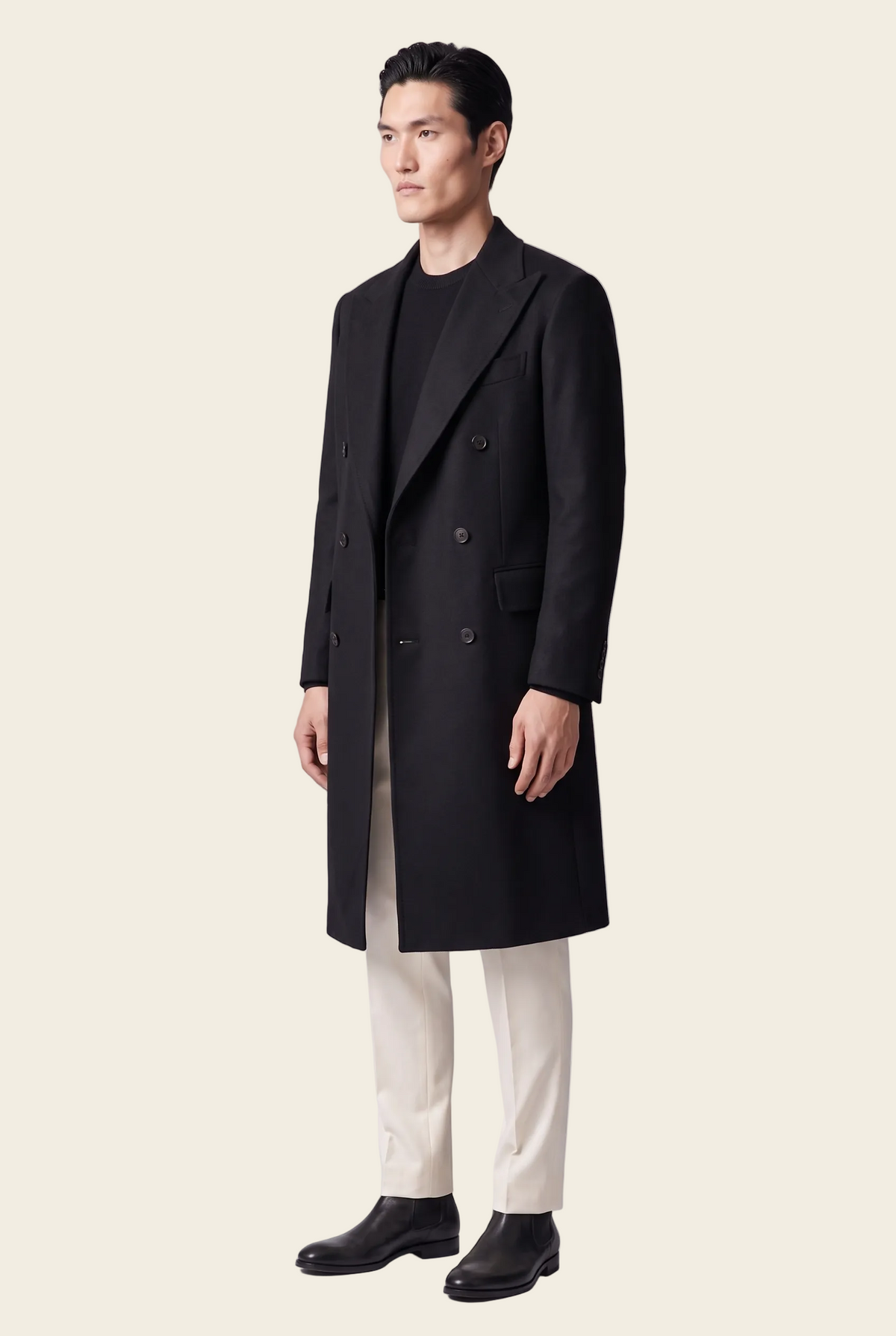 Manhattan Black Overcoat, three quarter standing view