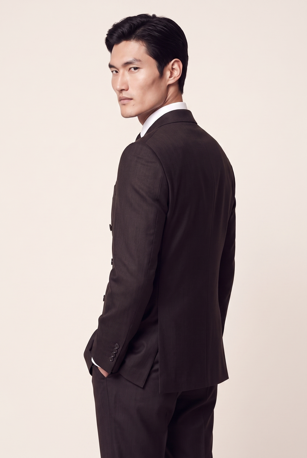 Manhattan Dark Brown Suit, three quarter back view