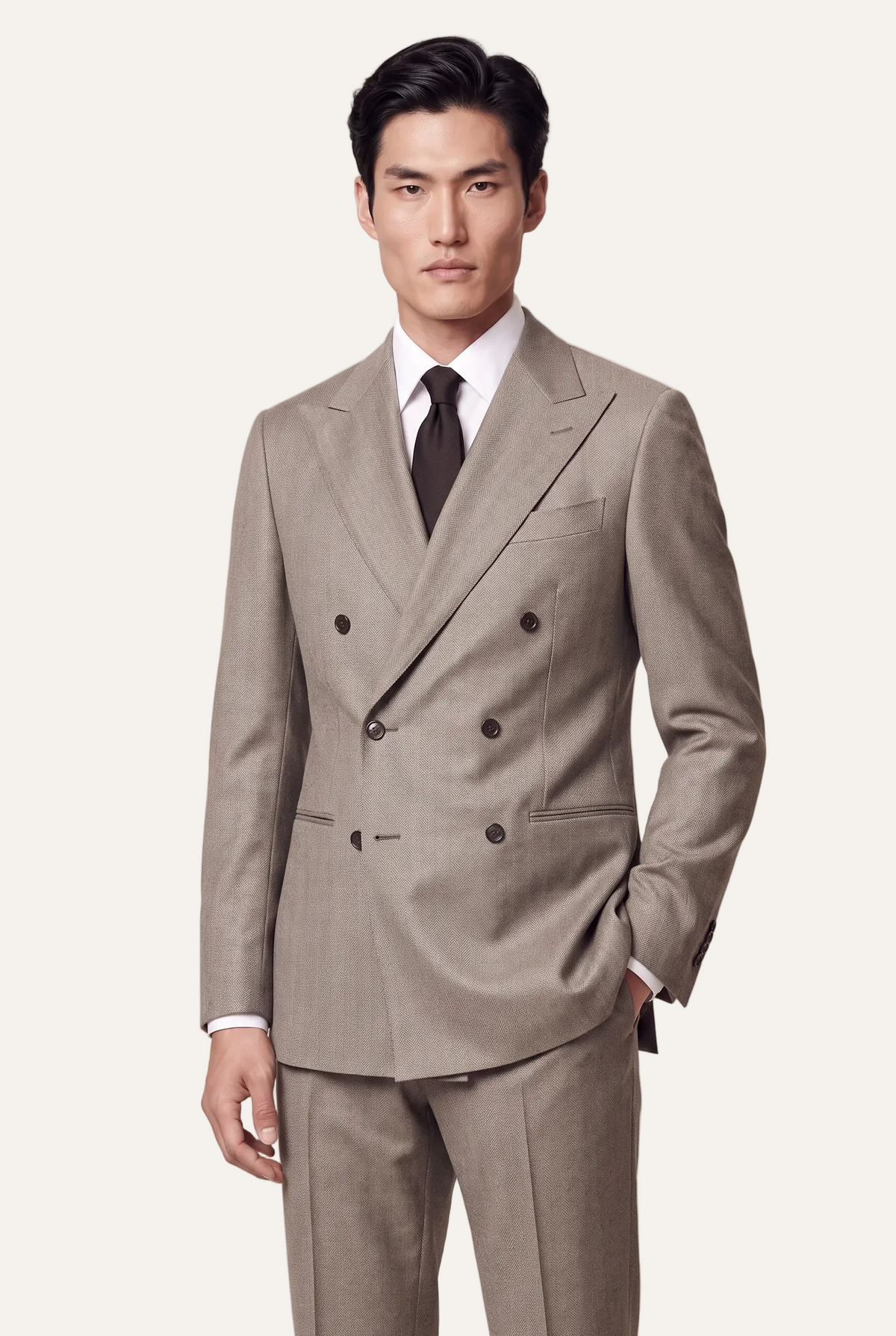 Manhattan Taupe Suit, front three quarter view