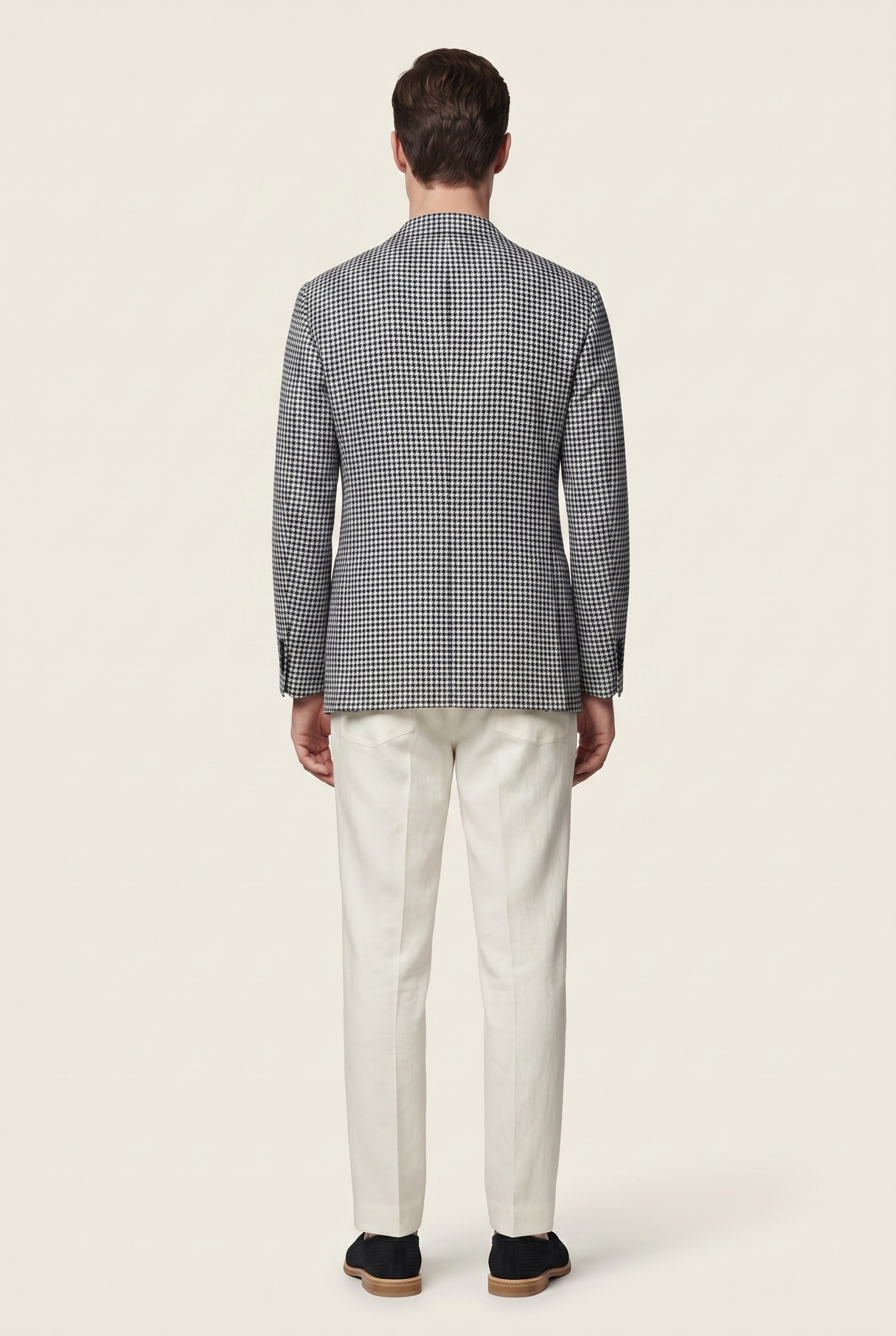 Zane Barläs Navy Houndstooth Wool Linen Jacket. Full back view clean tailored silhouette