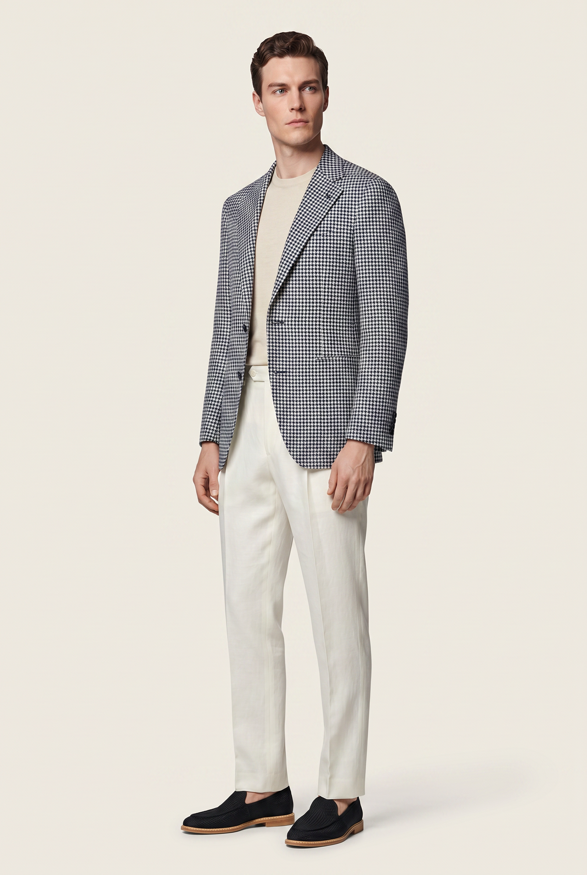 Zane Barläs Navy Houndstooth Wool Linen Jacket. Full front view with off-white linen trousers