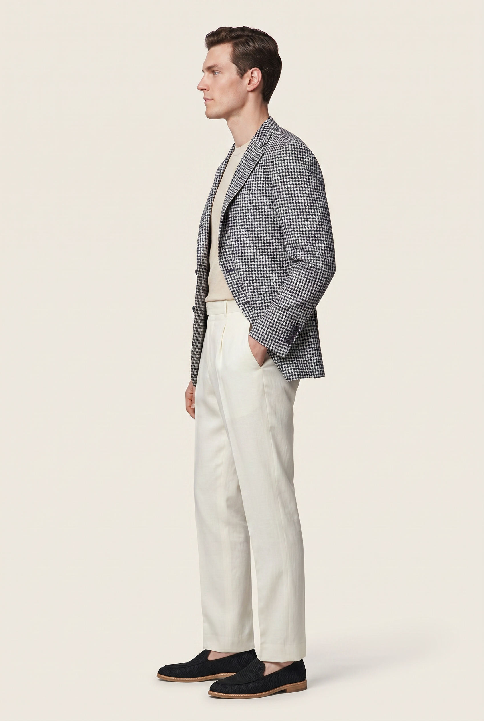 Zane Barläs Navy Houndstooth Wool Linen Jacket. Side profile view tailored fit