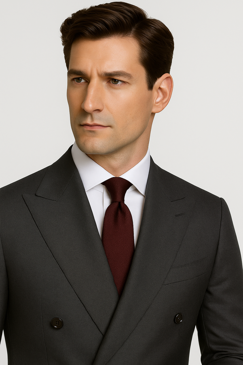 Zane Barlas charcoal grey double-breasted Super 120’s wool suit, peak lapels, 6×2 buttons