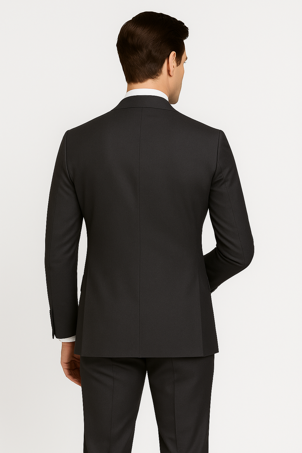 Zane Barlas charcoal grey double-breasted Super 120’s wool suit, peak lapels, 6×2 buttons