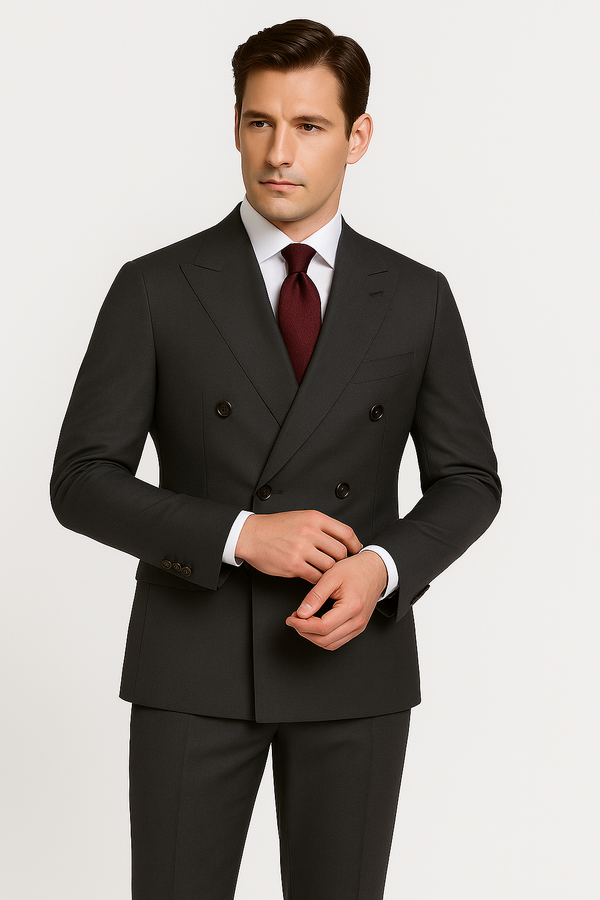 Zane Barlas charcoal grey double-breasted Super 120’s wool suit, peak lapels, 6×2 buttons
