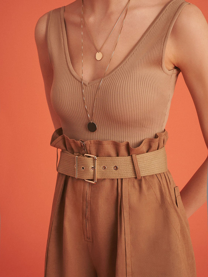 Brown V-neck Knit Bodysuit