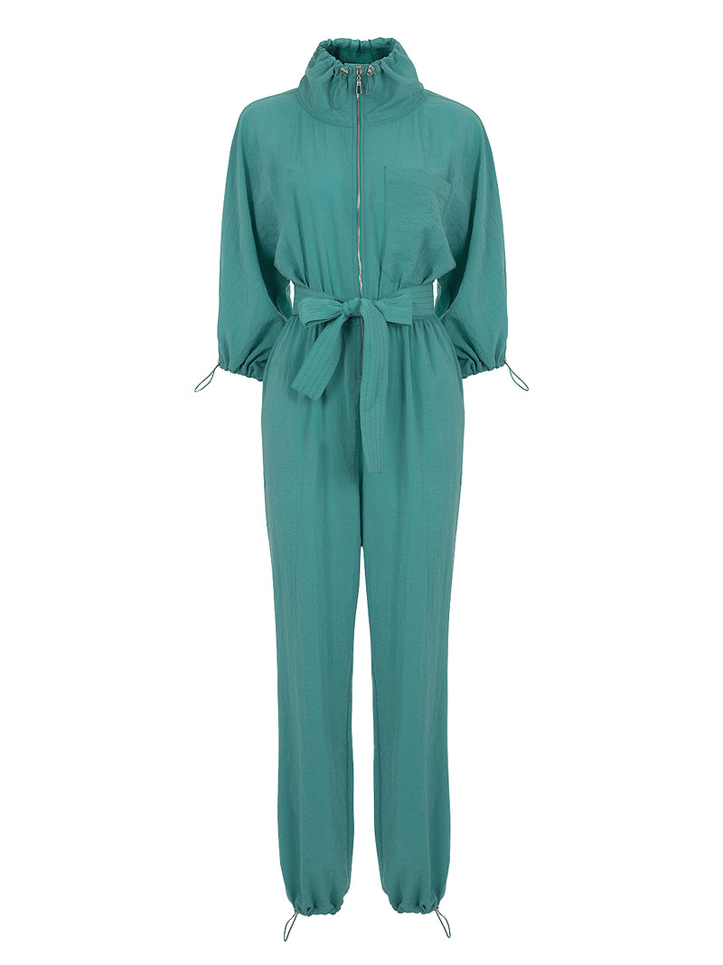 High Collar Green Jumpsuit with Belt