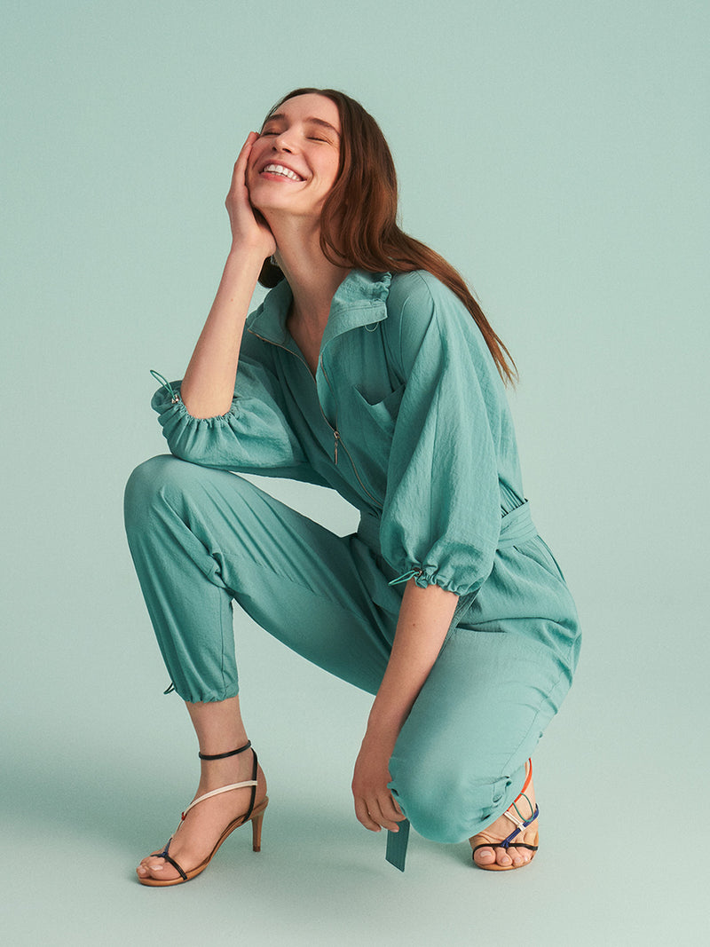 High Collar Green Jumpsuit with Belt