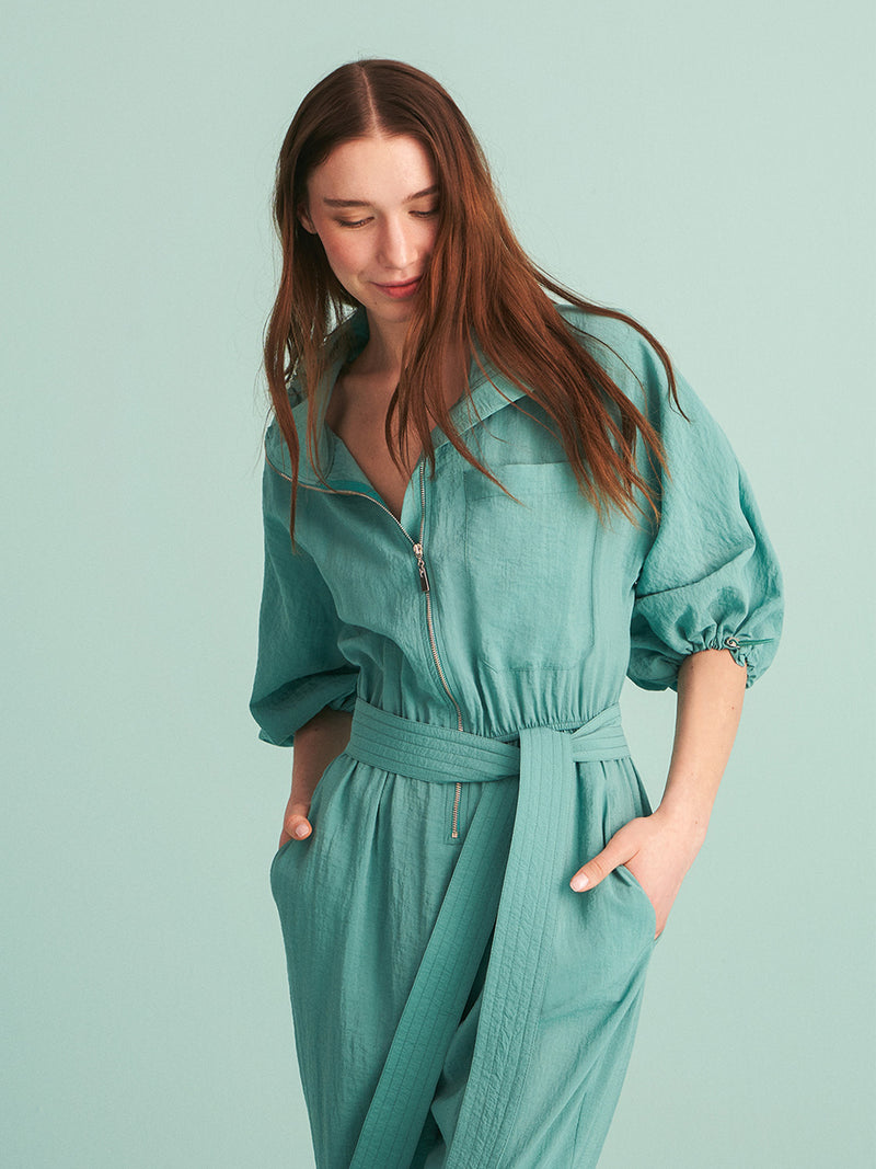 High Collar Green Jumpsuit with Belt