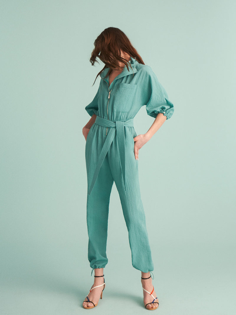 High Collar Green Jumpsuit with Belt