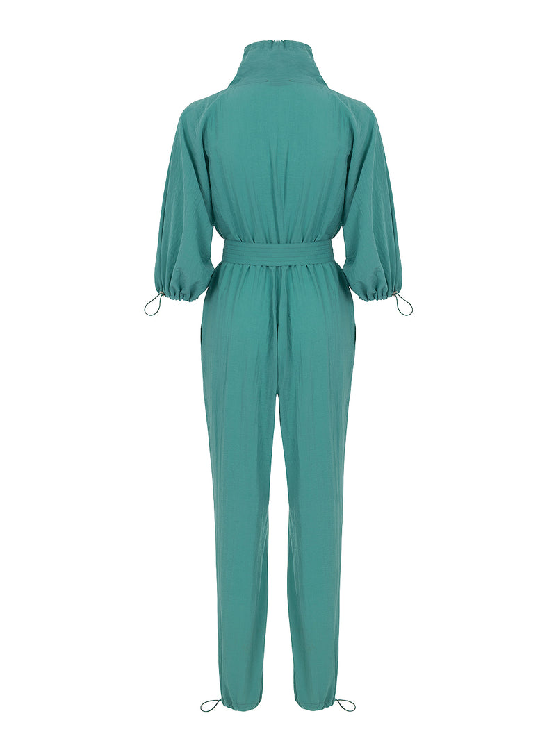 High Collar Green Jumpsuit with Belt