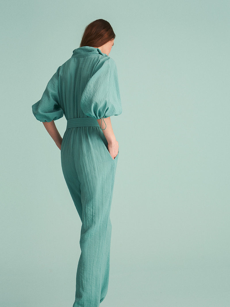 High Collar Green Jumpsuit with Belt