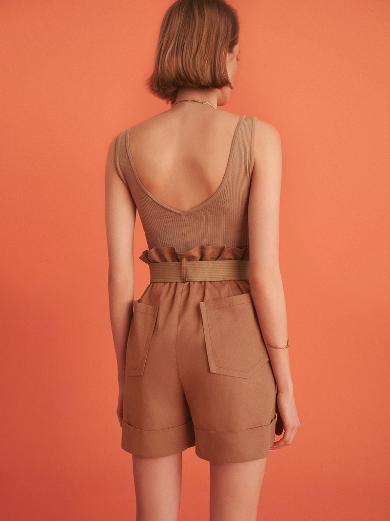 Brown V-neck Knit Bodysuit