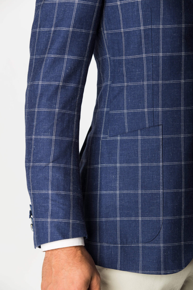 Blue Wool Silk Linen Windowpane