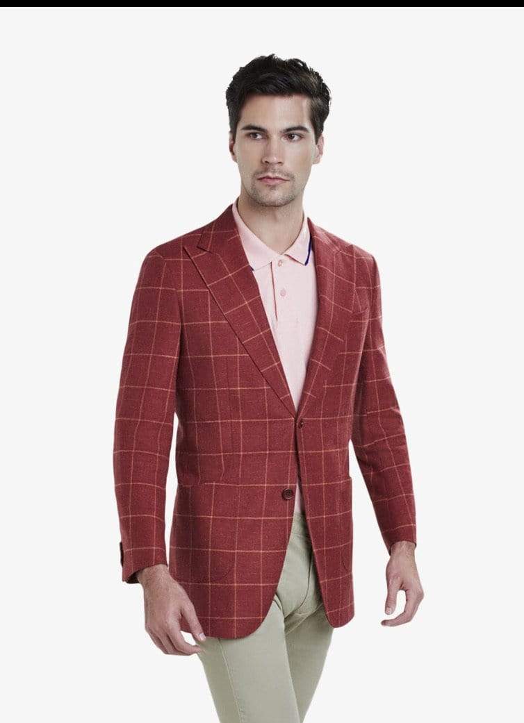 Red Wool Silk Linen Windowpane