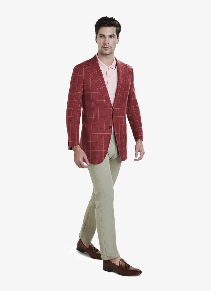 Red Wool Silk Linen Windowpane