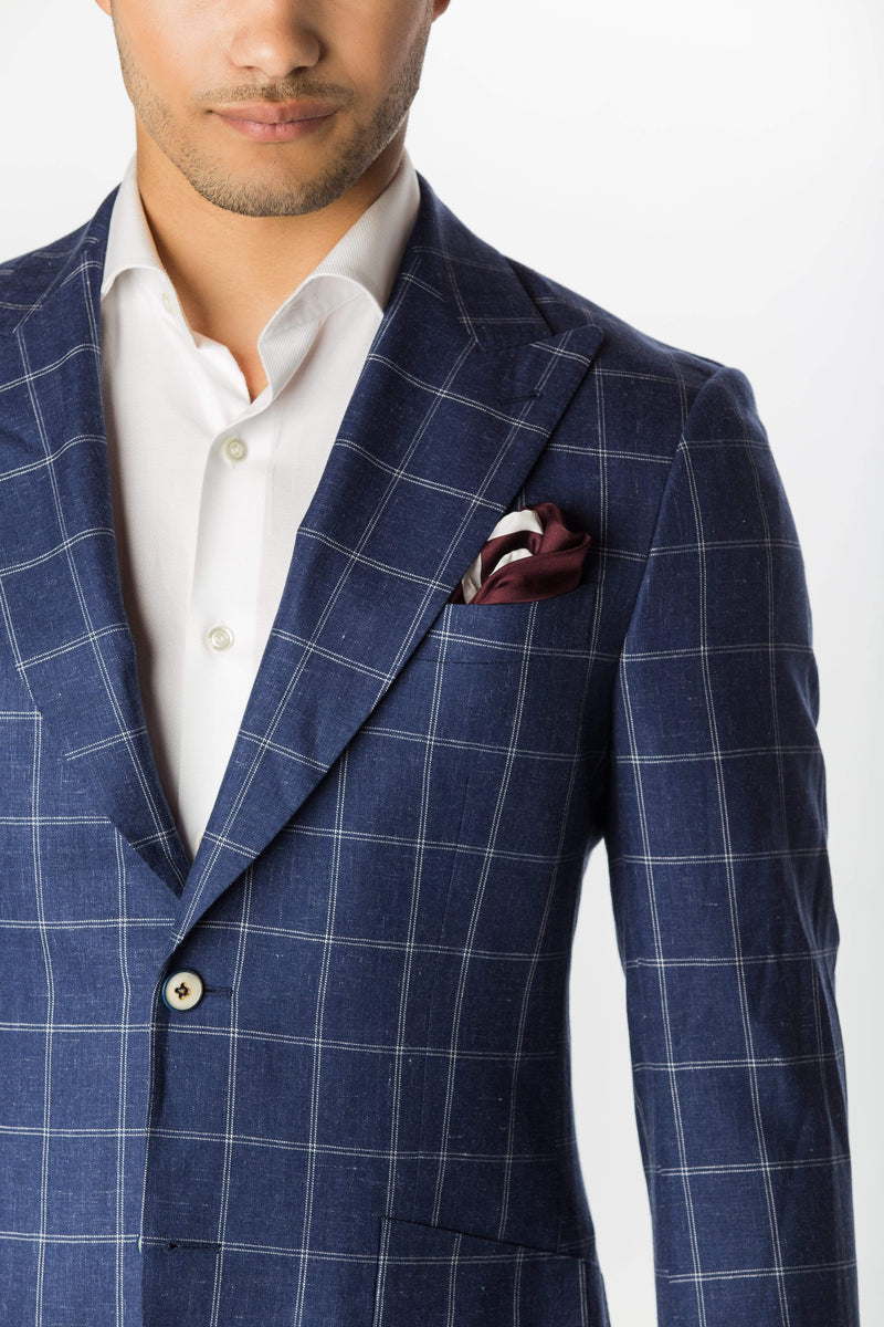 Blue Wool Silk Linen Windowpane