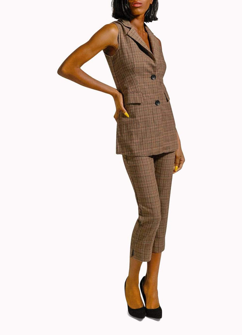 Brown Plaid Sleeveless Suit